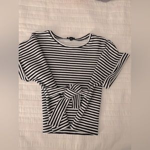 Women’s Express Small Striped White/Dark Top with Tie & Structured Short Sleeve